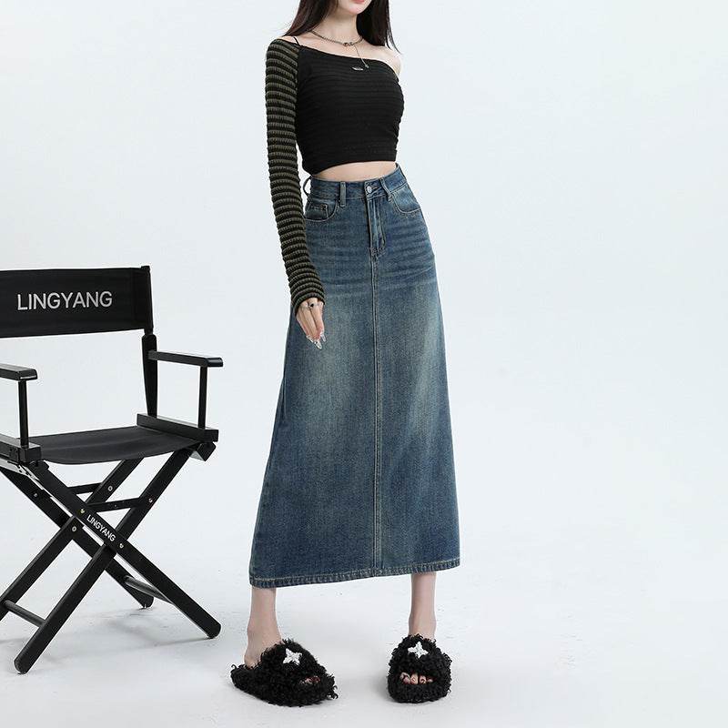 High Waisted Denim Skirt Long Cotton Solid Style
