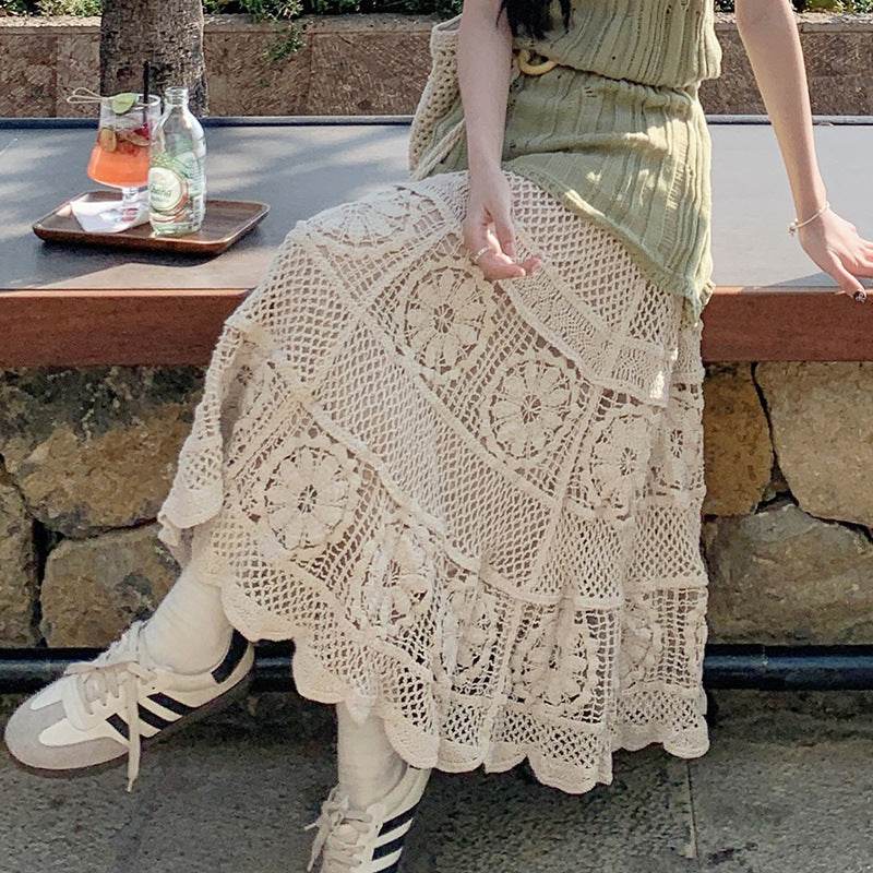 Retro Vacation Style Crocheted Hollow Beige Maxi Skirt