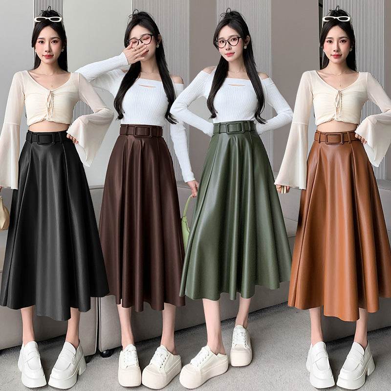 Elegant women High waist Flared Midi PU Leather skirt