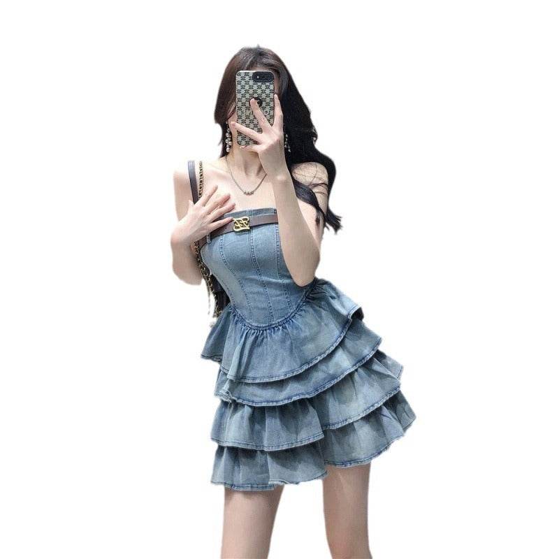 Women's sleeveless tube Denim High Waist Slimming Jeans layered flared mini Dress