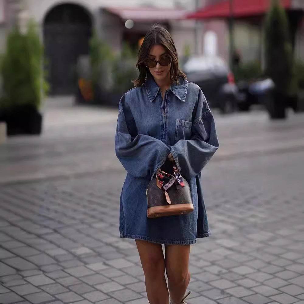Lapel Patch Pocket Bell Sleeve Denim Dress