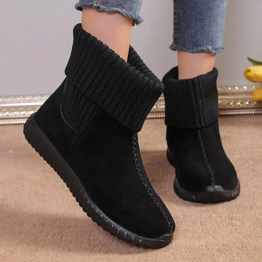 Women's Reversible Knit Flat Ankle Snow Boots | Suede Winter Boots