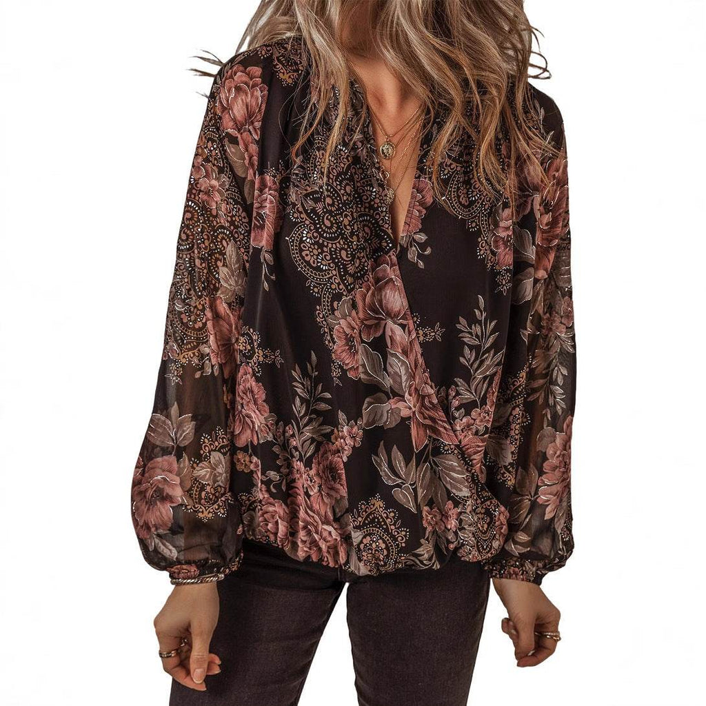 V-neck Long Sleeve Top Floral Print Women's Chiffon blouse Women