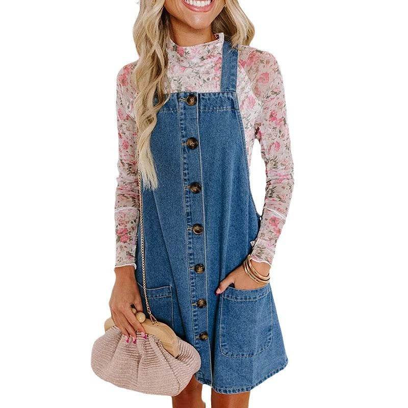 Loose Denim Dungaree Mini Dress for Women