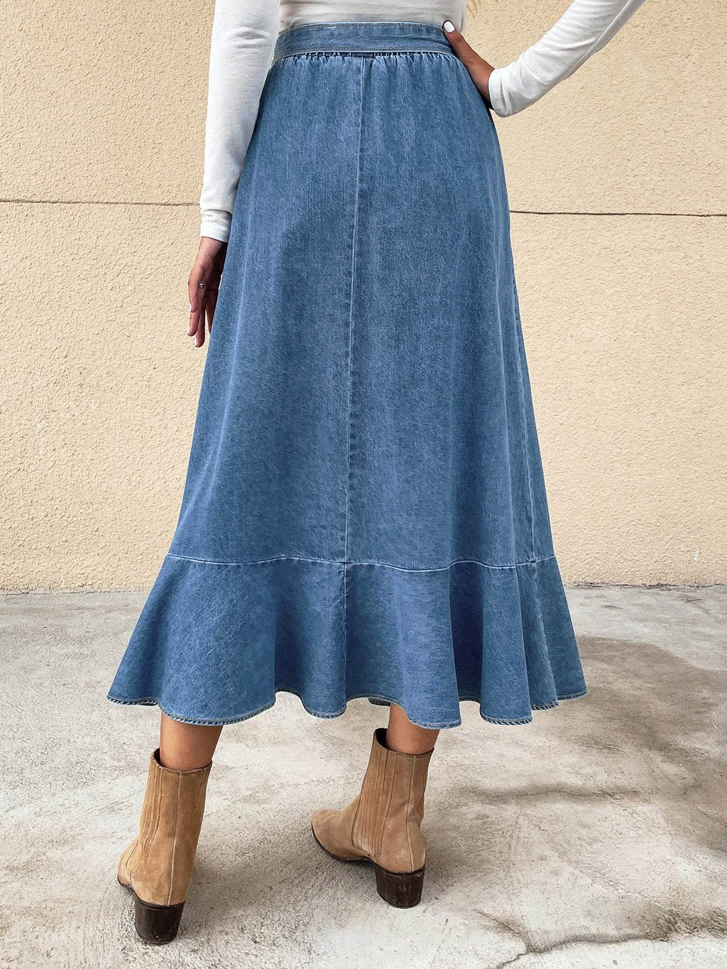 Ladies Fashion Casual Ruffled Blue Denim Maxi Skirt Women