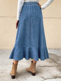 Ladies Fashion Casual Ruffled Blue Denim Maxi Skirt Women