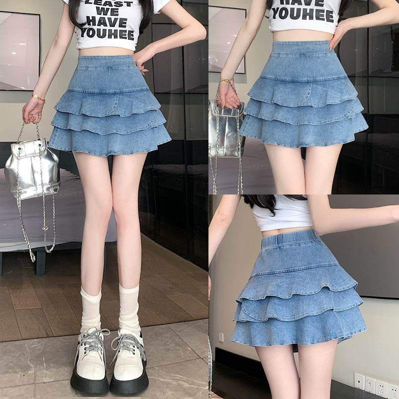 Elastic Jeans High Waist Layer  Denim short mini flare skirt