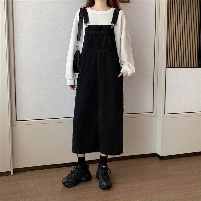 Student Denim Shoulder Strap Spring And Autumn Plus Size Mid-length Sling Black Denim Jumper Dress