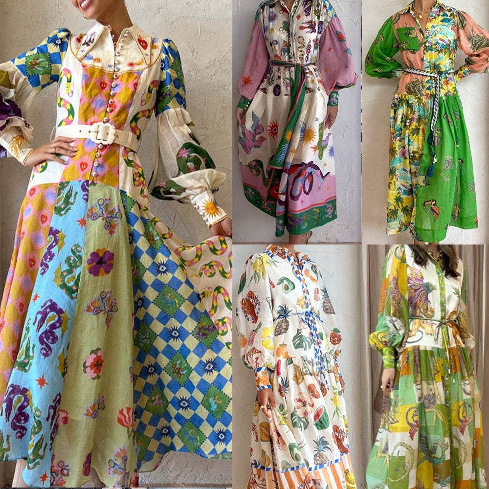 Floral Print Beach Dress – Women's Lantern Sleeve A-Line Midi Dress
