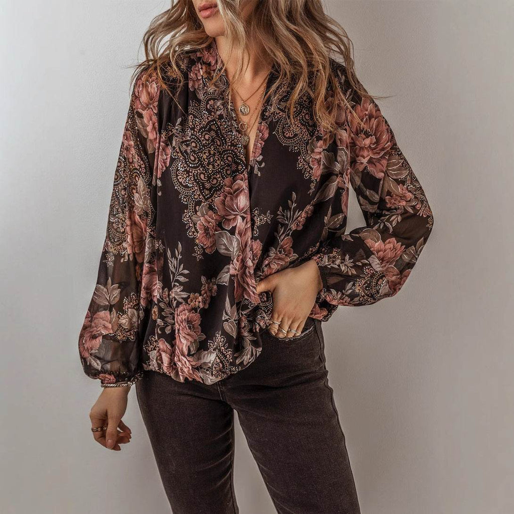 V-neck Long Sleeve Top Floral Print Women's Chiffon blouse Women
