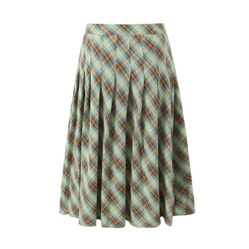 American Retro Low Waist Navel Plaid Pleated Long Skirt Women