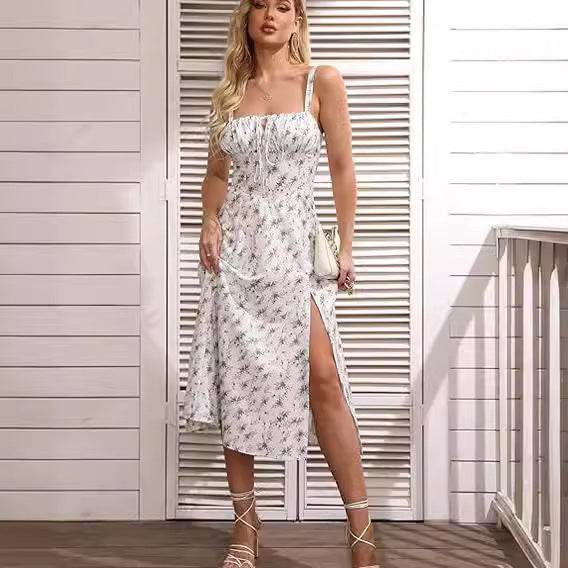 Spring Summer Sleeveless Floral Bohemian Corset flow Slit Midi  Dress