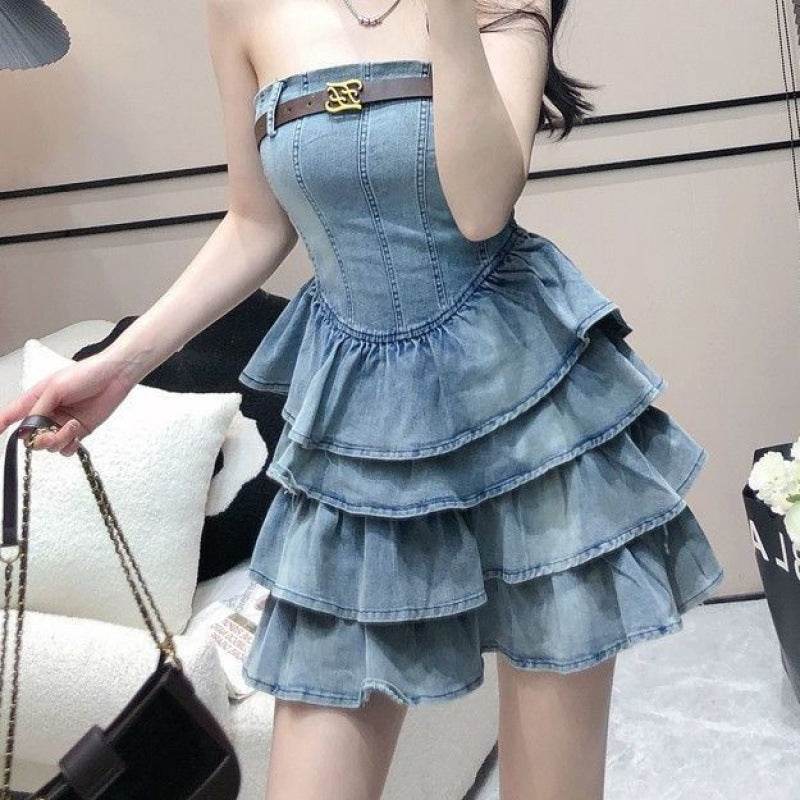 Women's sleeveless tube Denim High Waist Slimming Jeans layered flared mini Dress