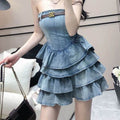 Women's sleeveless tube Denim High Waist Slimming Jeans layered flared mini Dress