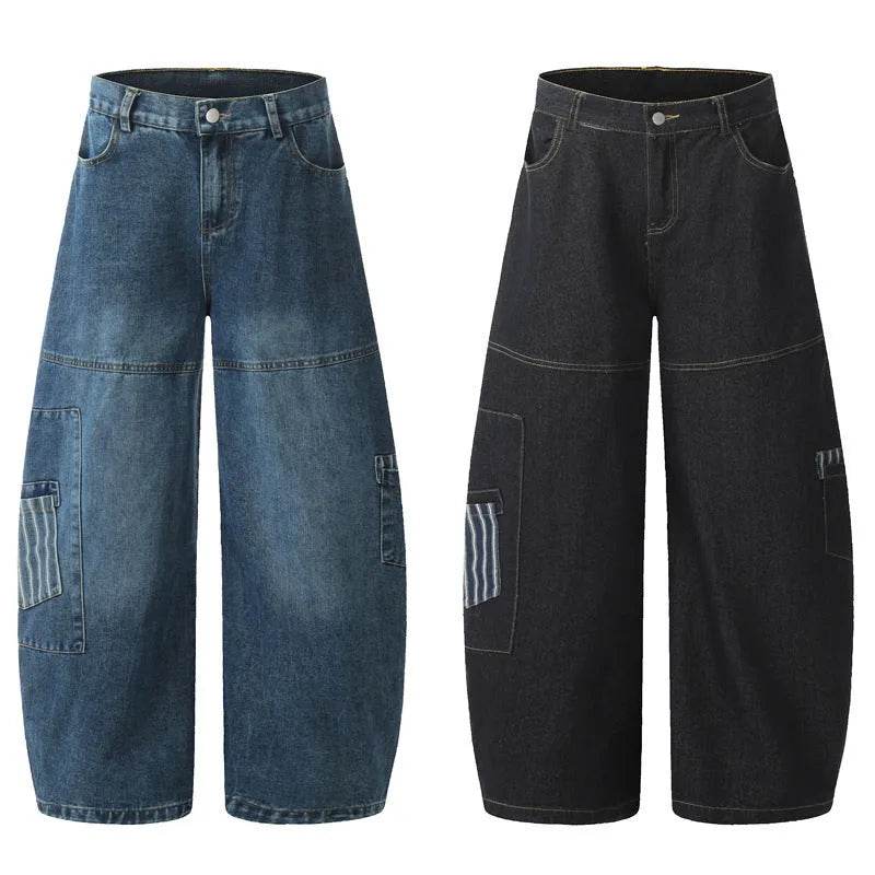 American Style Vintage Stripe Pocket Stitching Machete Baggy Jeans Pant For Men And Women