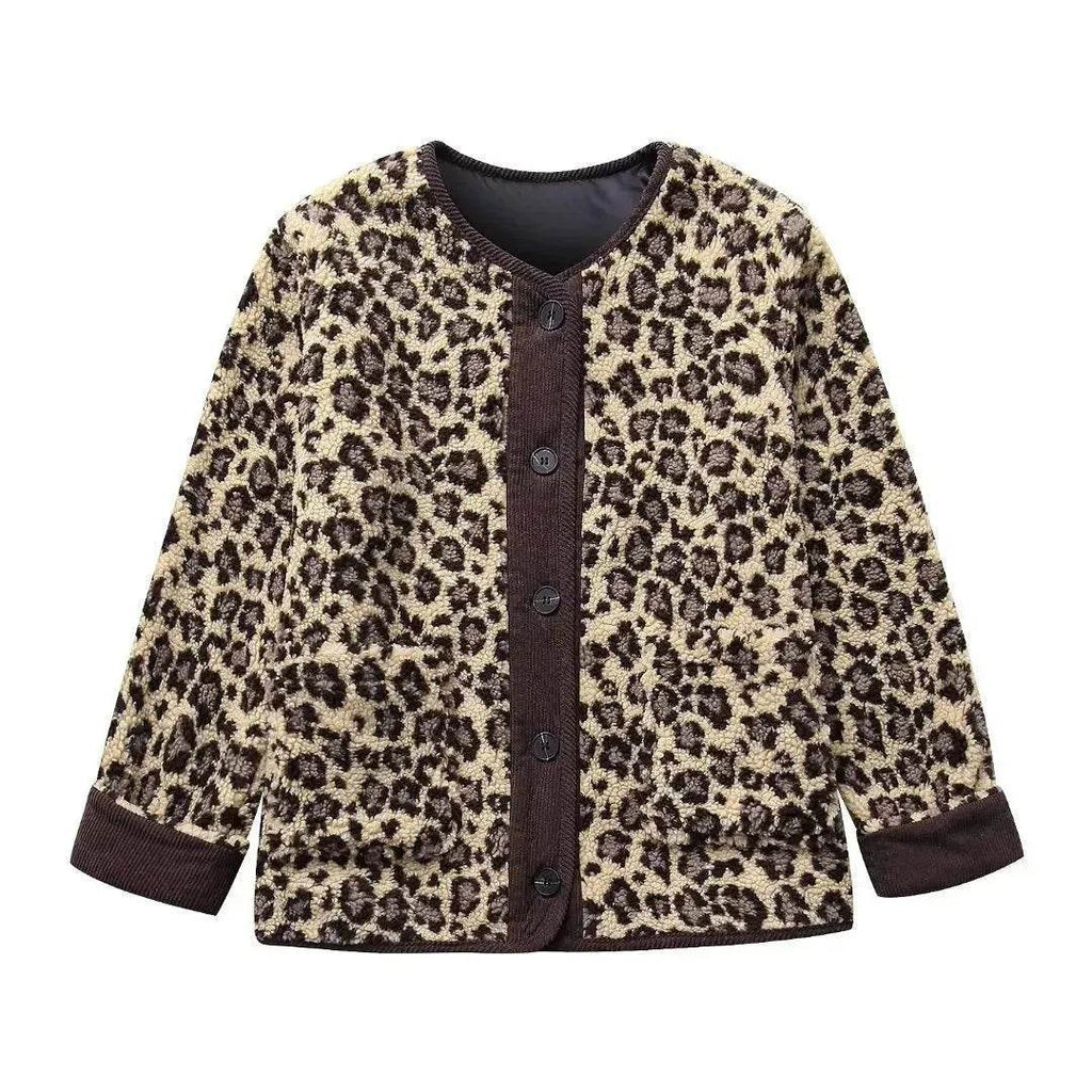 Casual Fall winter Leopard Button fleece Plush Cardigan jacket for women