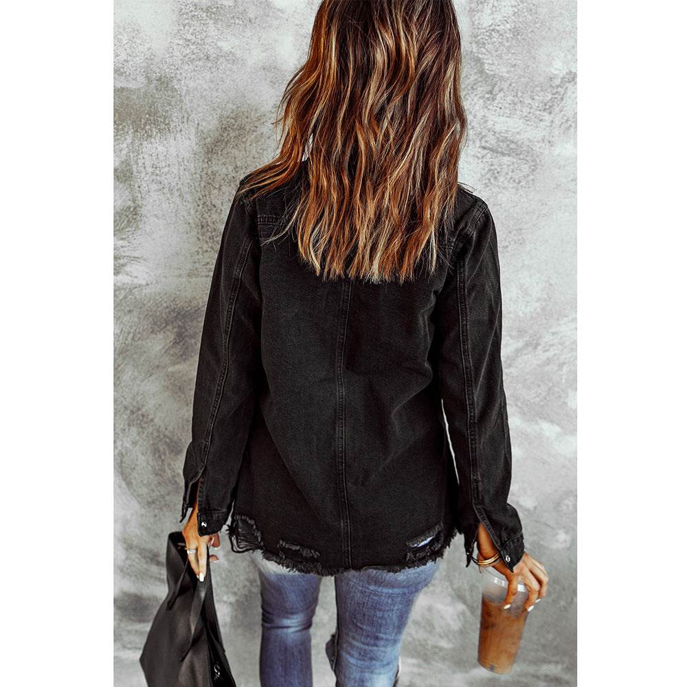 Long Sleeve Jeans Jacket Loose Fit Mid-Length Black