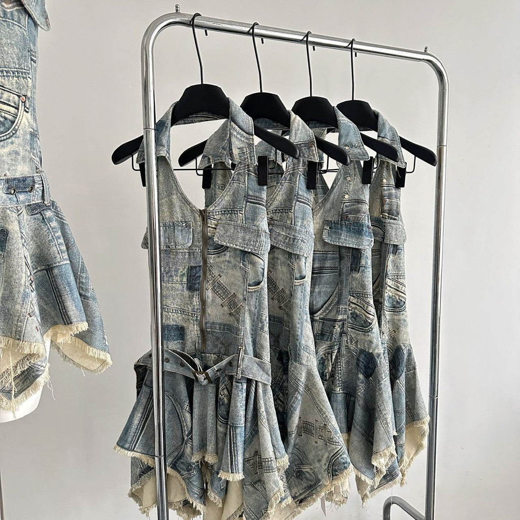 Waist-tight Halter Denim Dress Women's Distressed Retro Slimming Skirt