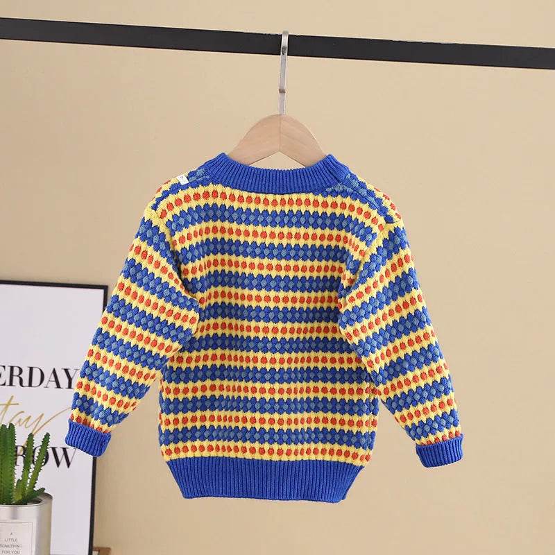 Kids Rainbow Stripe Pullover Sweater, Round Neck Knit Top