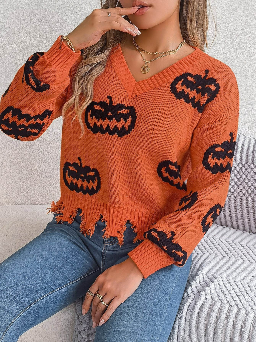 Halloween Contrast Color Pumpkin Cut Long Sleeve Sweater