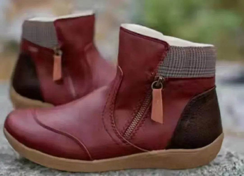 Winter Leather Stitching Flat Bottom Martin Boots With Zipper Plus Size