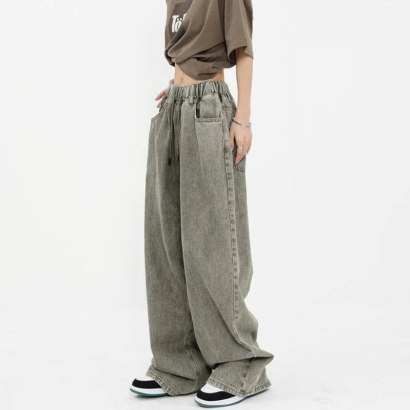 Retro Worn Looking Washed-out Drawstring Baggy Jeans Pant For Women
