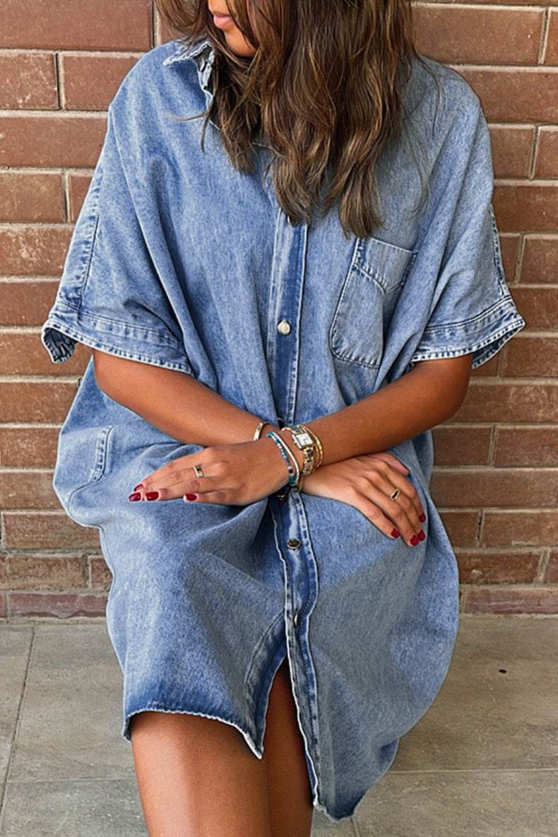 Women's Solid Color Single Row Multi-buckle loose Dress Short Sleeve Denim