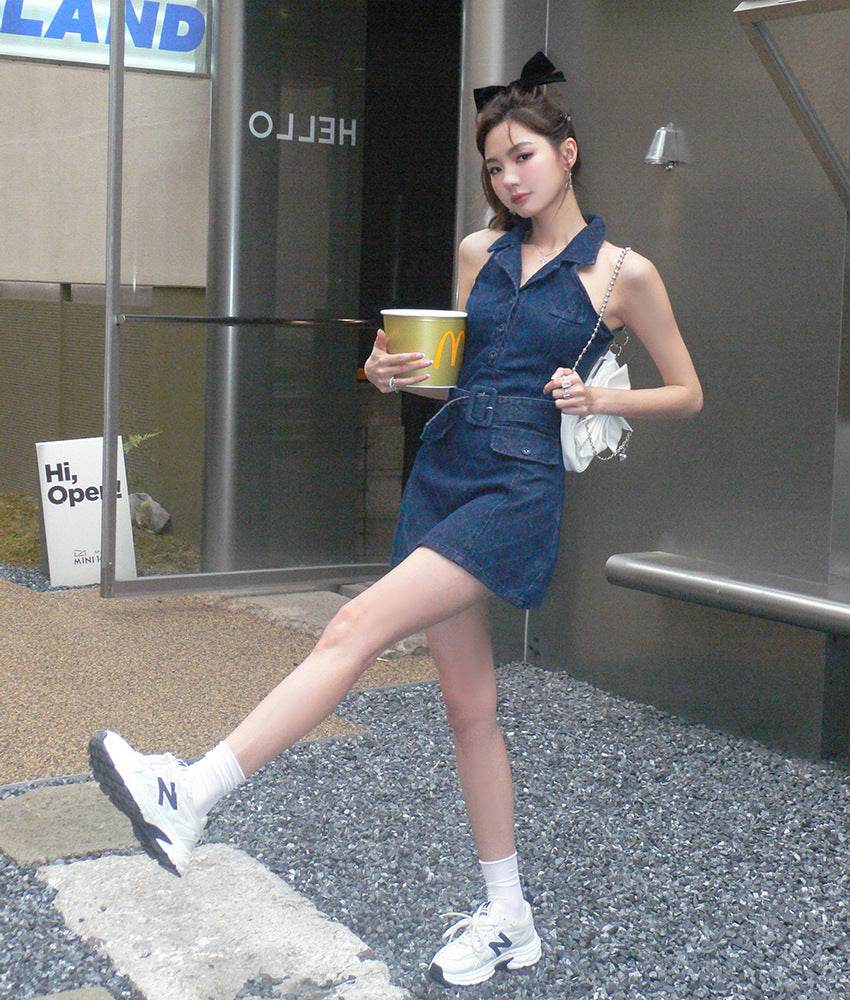 Mini Sleeveless Sheath Denim jeans halter neck Dress