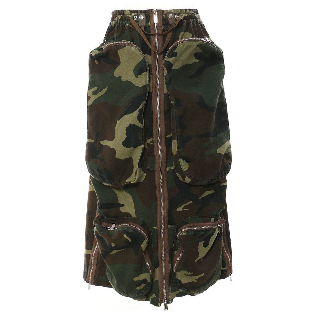 Three-dimensional Camouflage Zipper Pocket Side Slit  pencil Midi Cargo Skirt