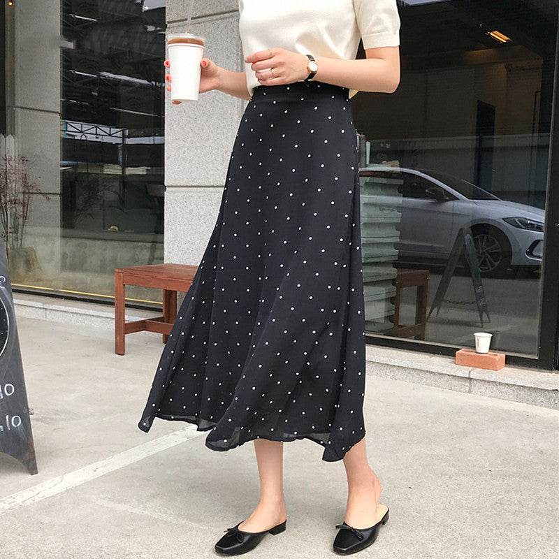 Polka dot High waist Chiffon Flowy Midi skirt women