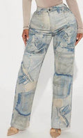 Denim Printed Jeans – Women’s High Rise Flare Leg Jeans