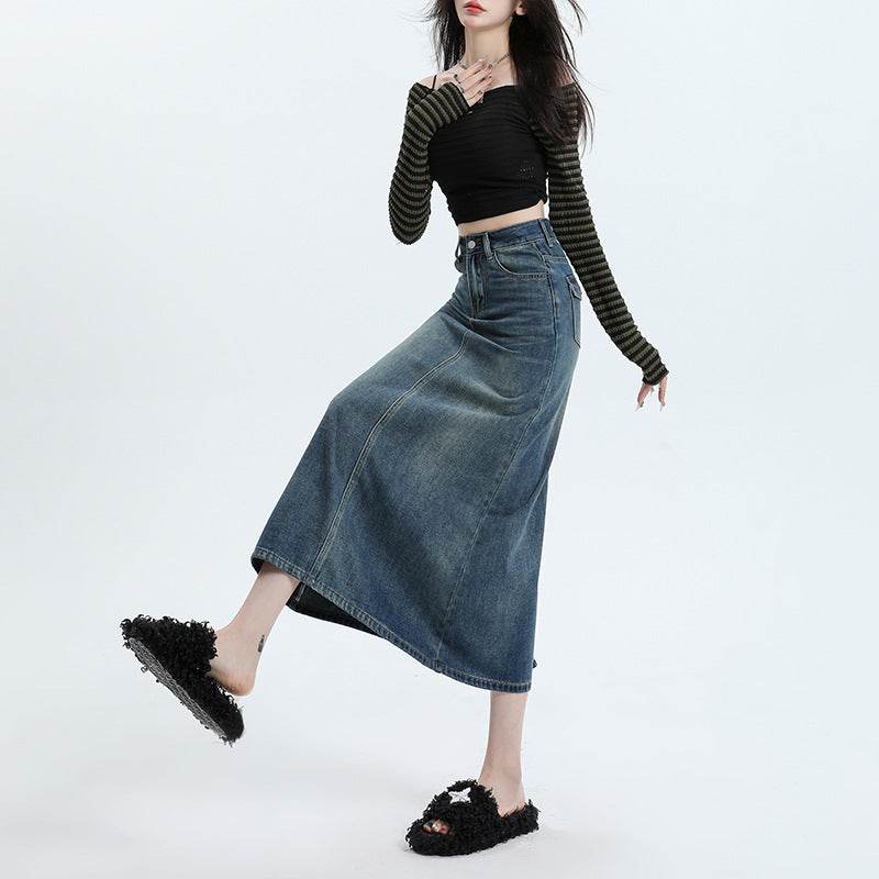 High Waisted Denim Skirt Long Cotton Solid Style