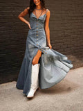 Ins Women's Summer Vintage Denim Large Swing Dress Denim Dress outfit