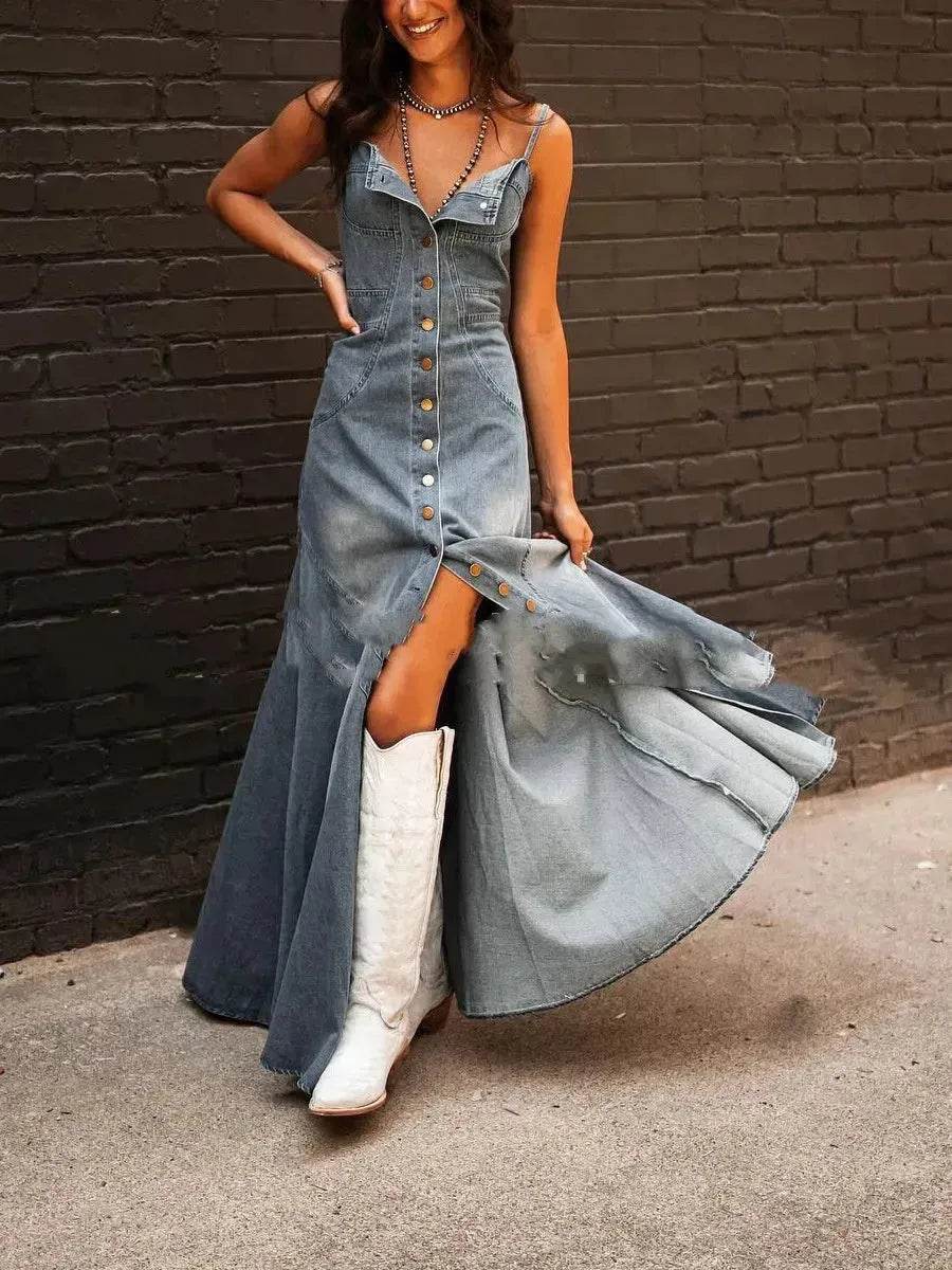 Ins Women's Summer Vintage Denim Large Swing Dress Denim Dress outfit