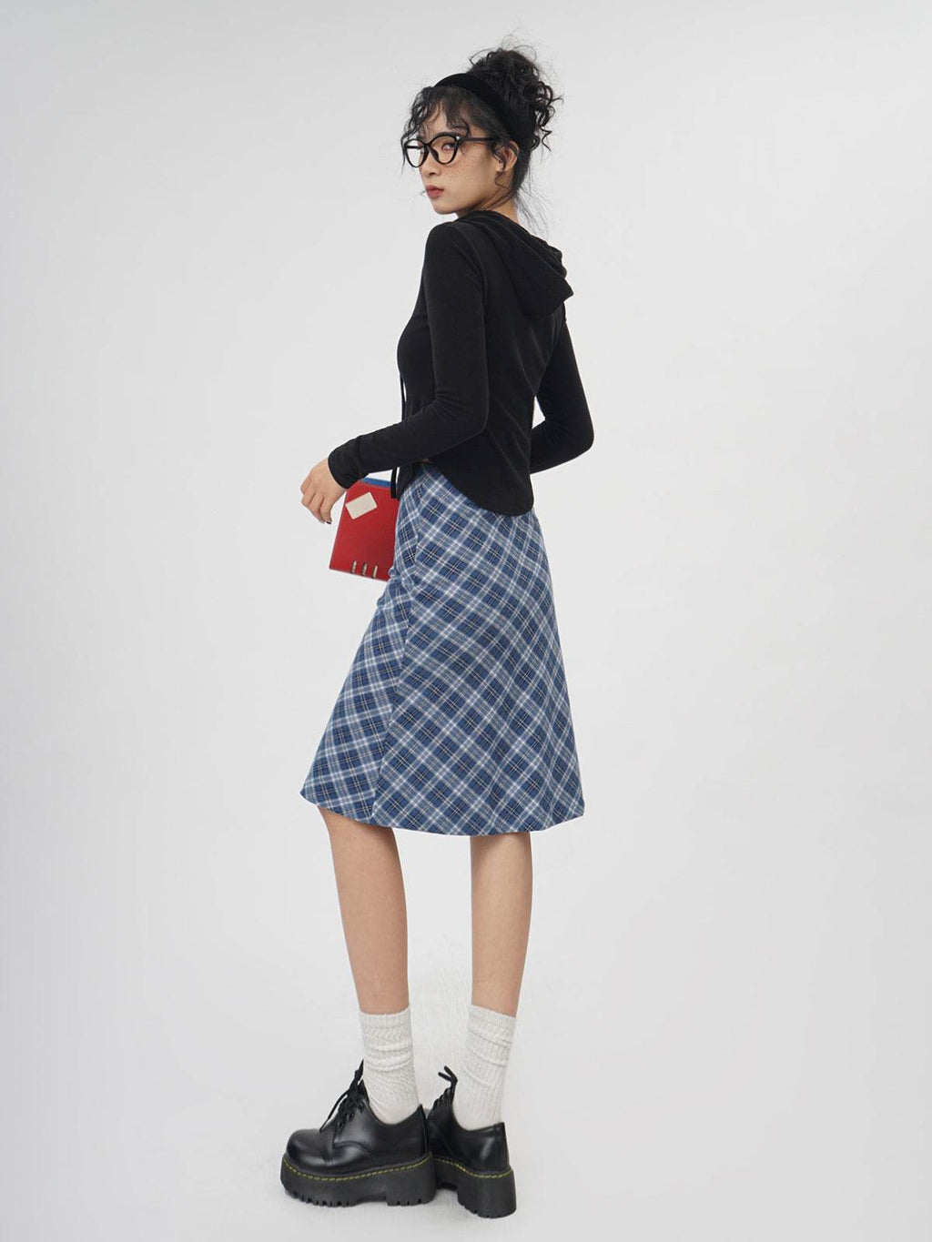 Plaid A- Line Skirt Women's High Waist student Midi Skirt