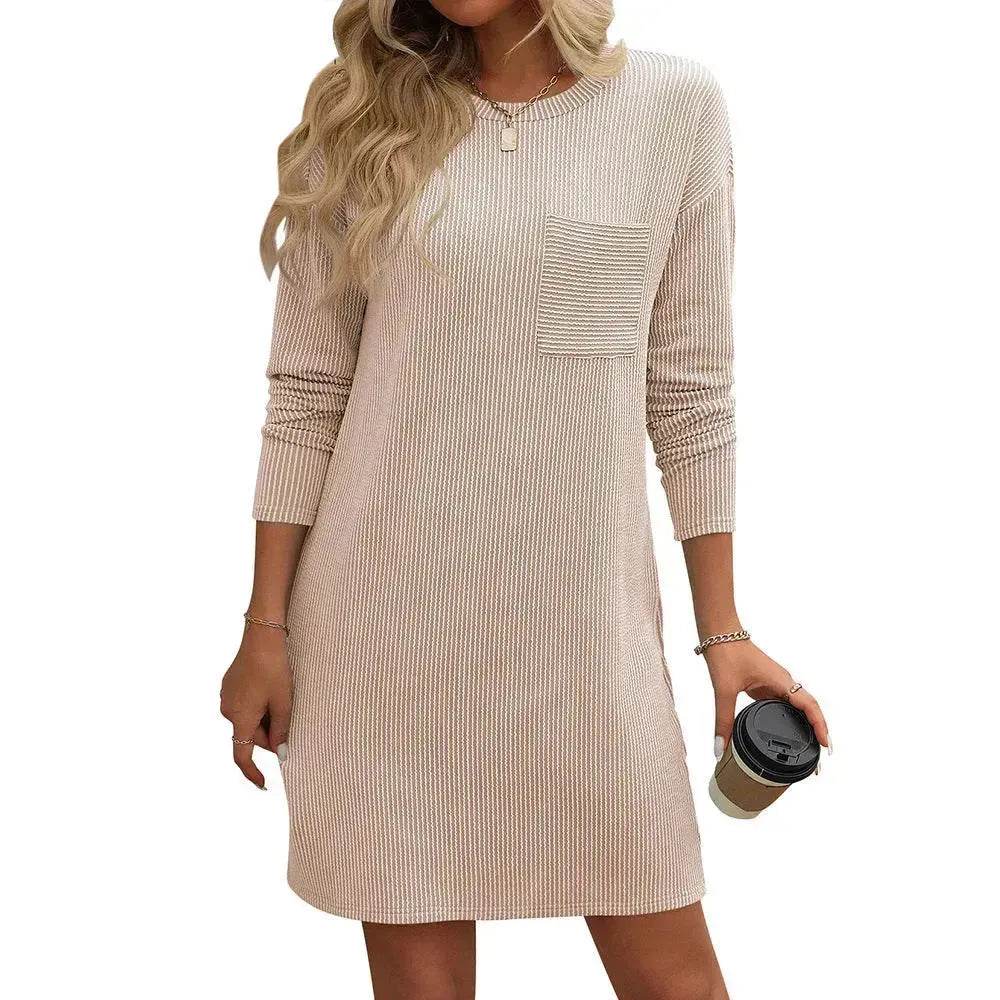 Casual New Solid Color Striped With Pockets Long Sleeve Loose Mini Dress Fashion Round Neck Straight Dress Women's Clothing
