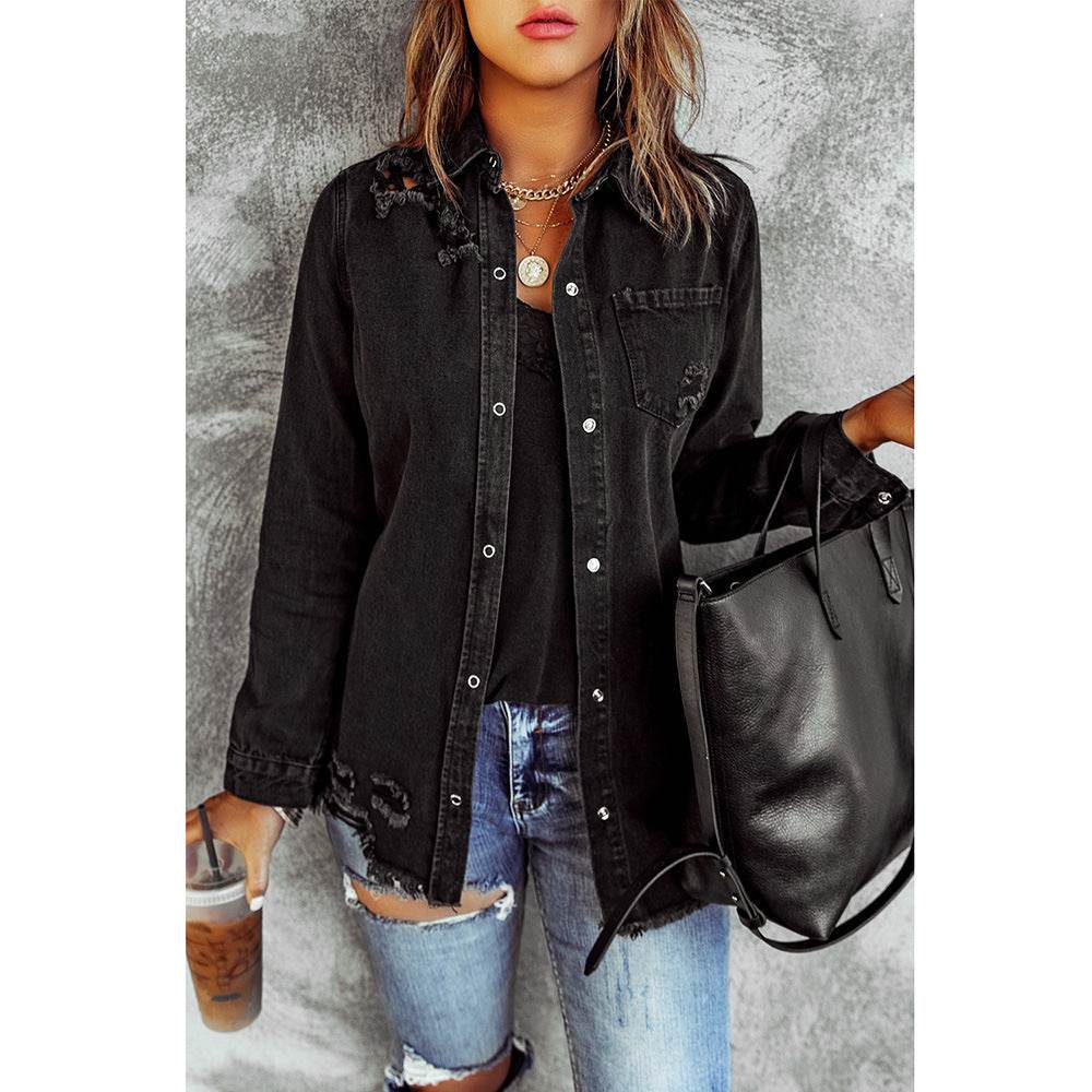 Long Sleeve Jeans Jacket Loose Fit Mid-Length Black