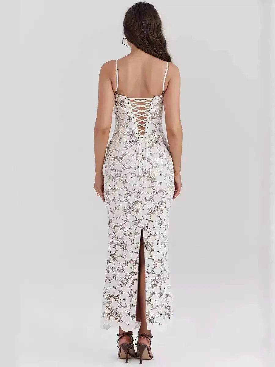 White Lace Wedding Dinner Party Cocktail Bodycon Spaghetti Strap Split Long Dress