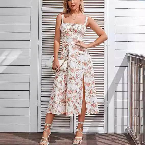 Spring Summer Sleeveless Floral Bohemian Corset flow Slit Midi  Dress