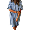 Women's Solid Color Single Row Multi-buckle loose Dress Short Sleeve Denim