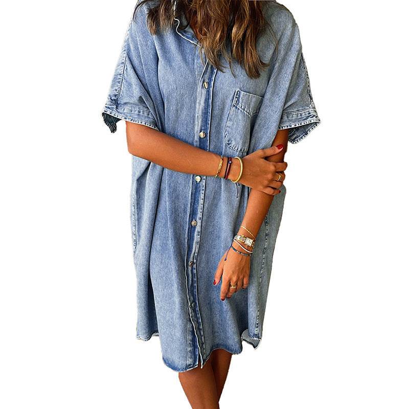 Women's Solid Color Single Row Multi-buckle loose Dress Short Sleeve Denim