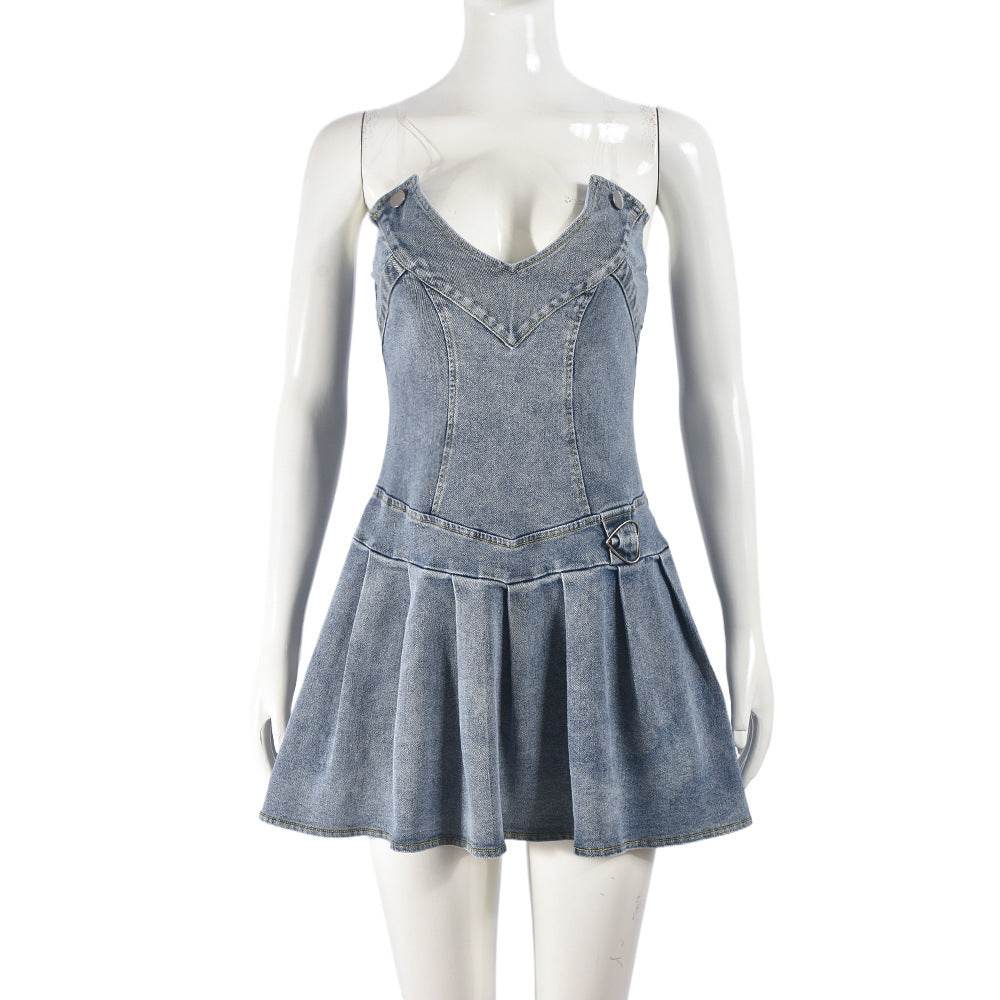 Hot Girl French Pleated V-neck Denim  Tube top Dress