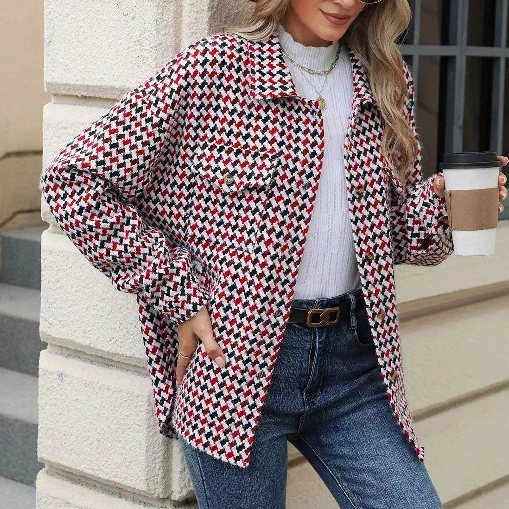 Casual Houndstooth Lapel Tweed Button long sleeve shirt tops for women