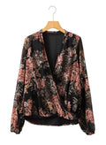 V-neck Long Sleeve Top Floral Print Women's Chiffon blouse Women