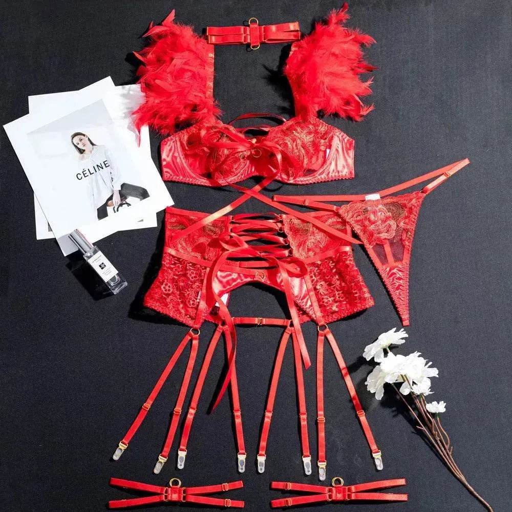 Red Embroidered Garter Strap Lingerie Set