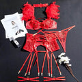 Red Embroidered Garter Strap Lingerie Set