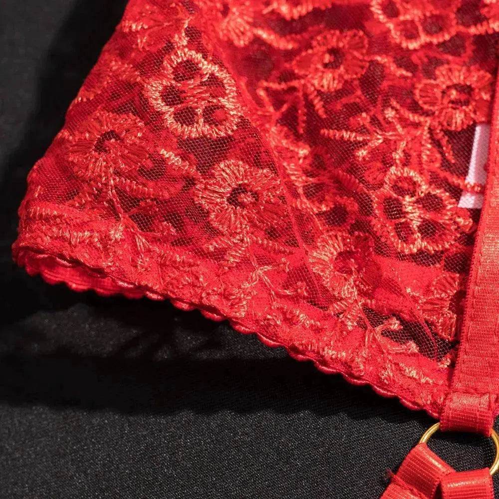 Red Embroidered Garter Strap Lingerie Set