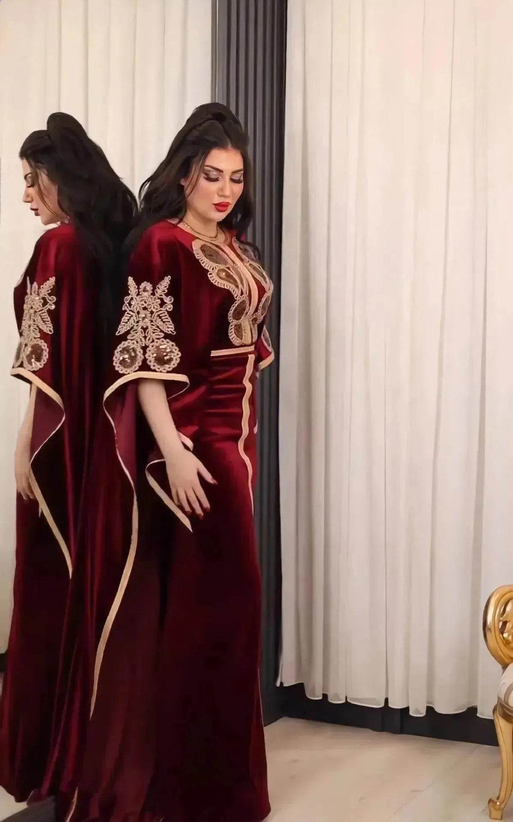 Embroidered Turkish Sequined Gold Velvet Dubai Middle East Women Dress