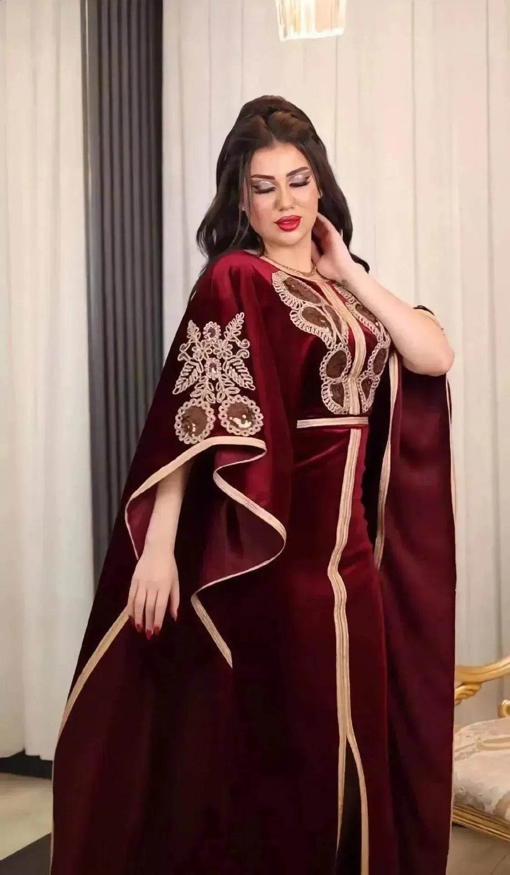 Embroidered Turkish Sequined Gold Velvet Dubai Middle East Women Dress