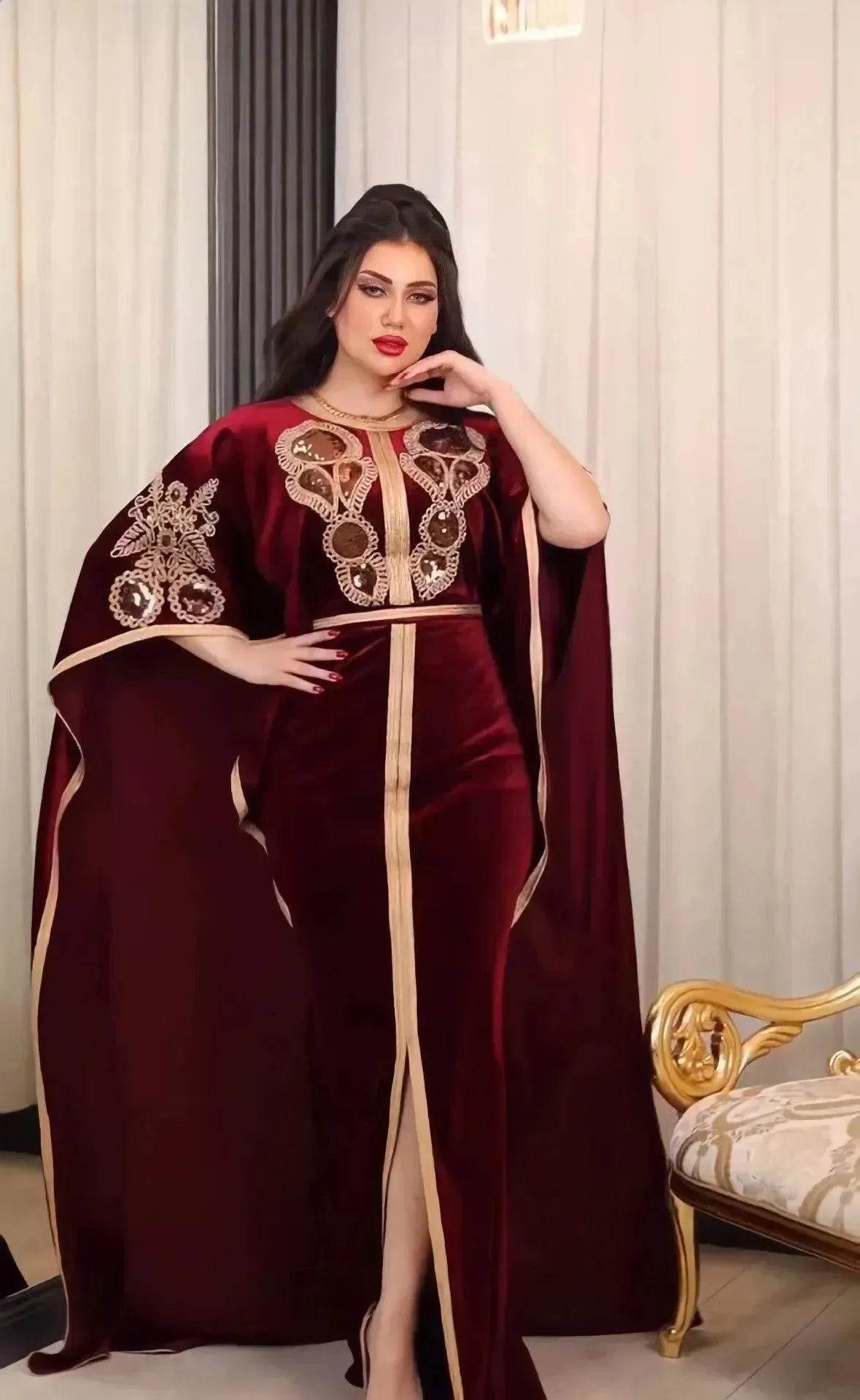 Embroidered Turkish Sequined Gold Velvet Dubai Middle East Women Dress